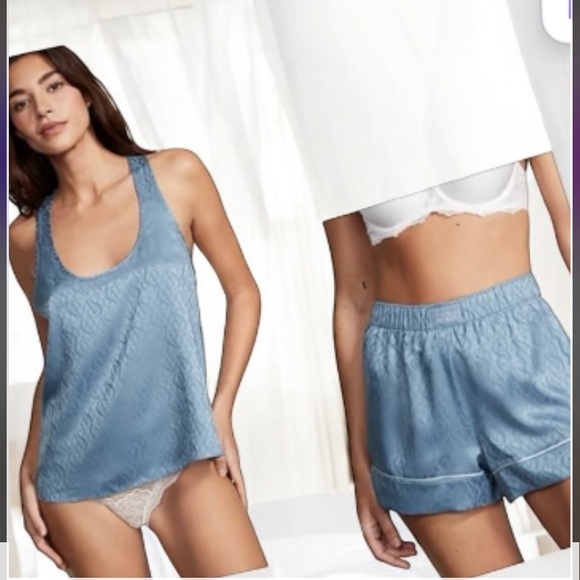 Victoria's Secret Other - Victoria’s Secret Satin Blue Chambray Racerback Tank Top & Short Sleepwear Set